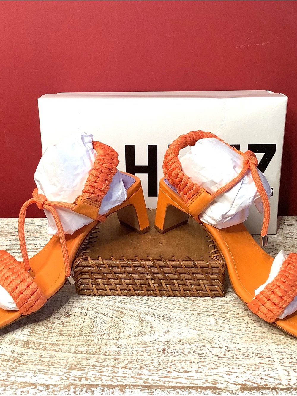 SCHUTZ NIB Blair Orange Leather Braided Strap Ankle Tie 2 1/2” Thin Block Heel - Picture 9 of 15